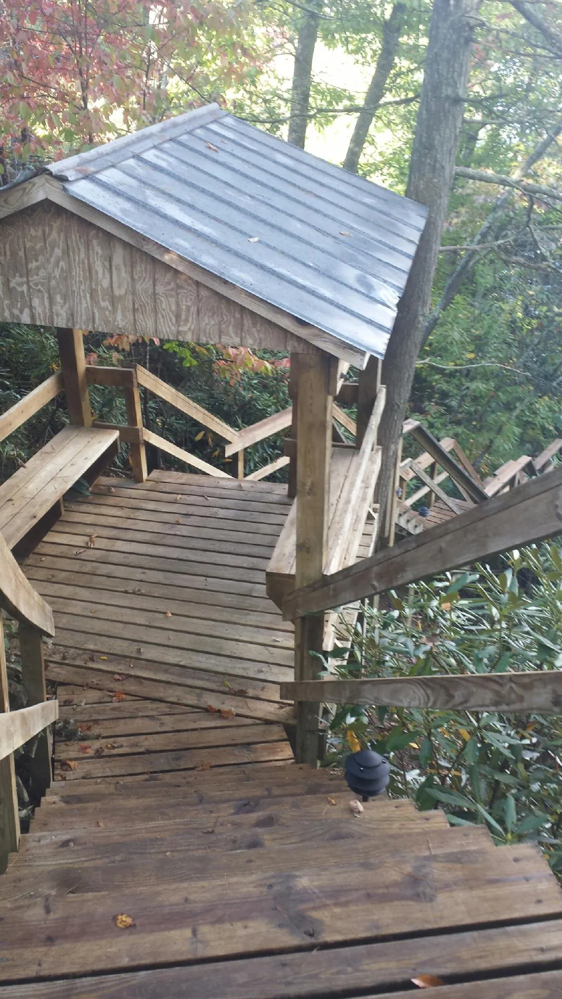 Metal roofed shelter over wooden steps on a wooded walkway — Skylight Repair & Installation work by our crew in North Wilkesboro